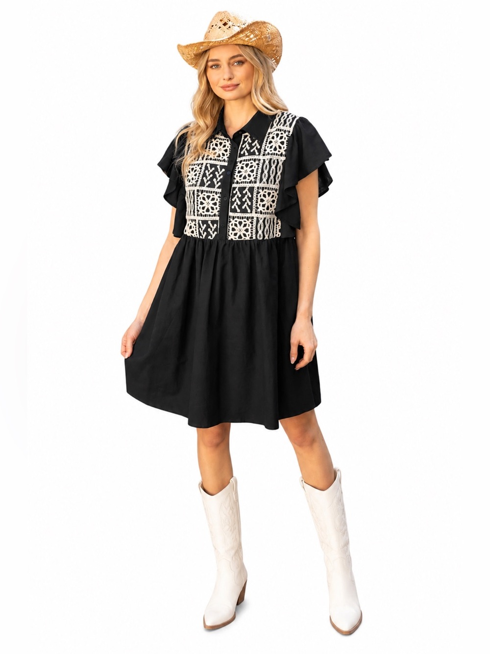 VOY Naomi Black Embroidered Crochet Shirt Dress Boho Cottagecore Babydoll S NWOT